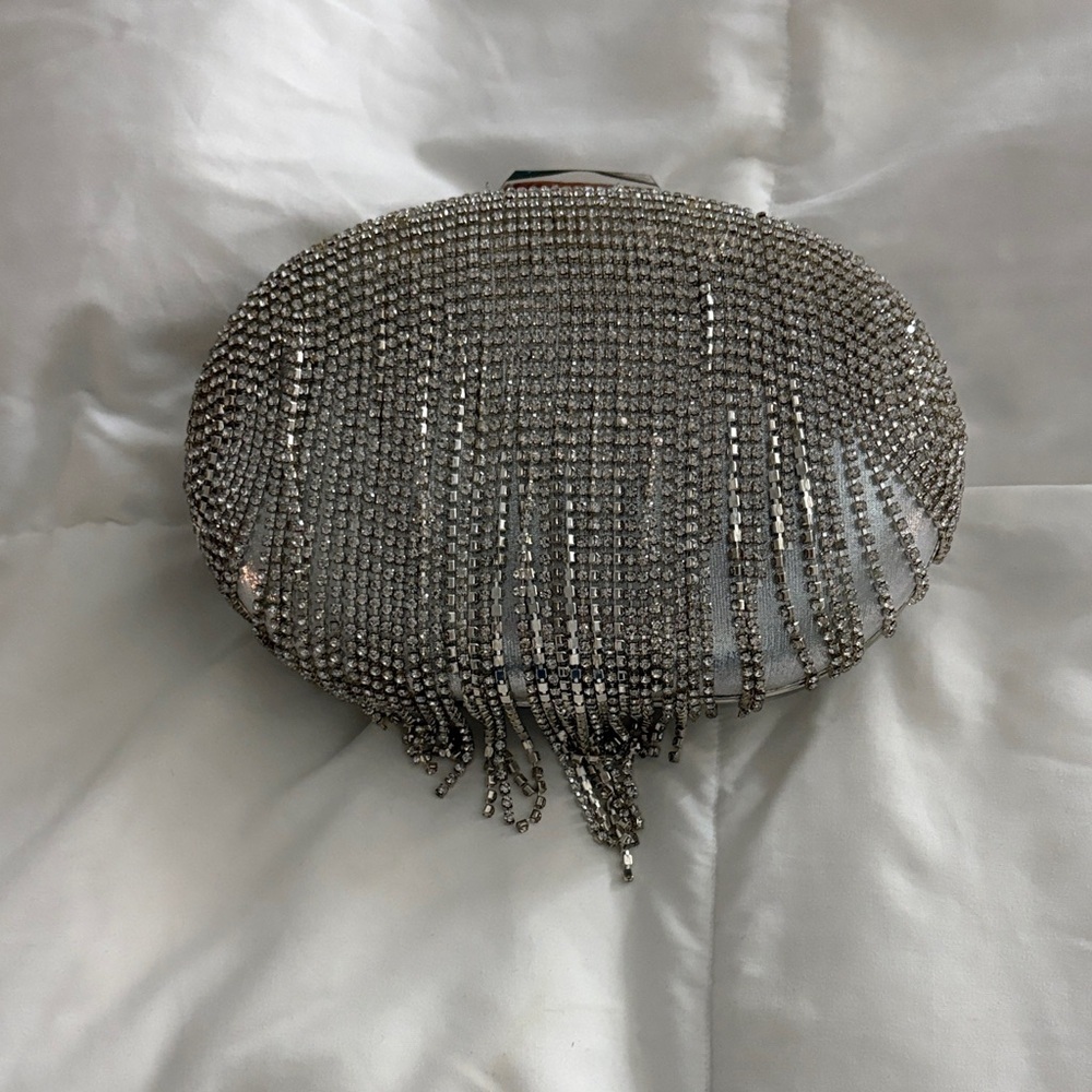 Olga Berg Silver Rhinestone Fringe Clutch